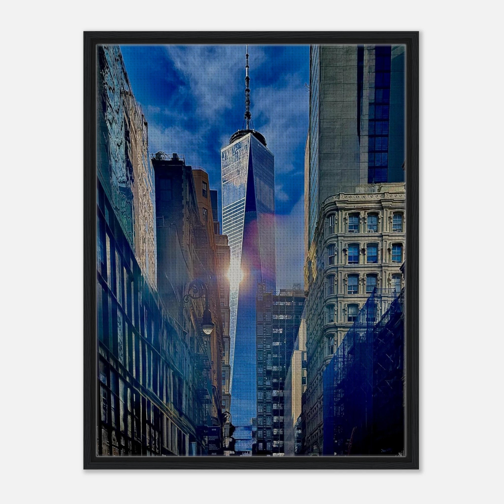 Framed canvas art print of sunlight reflection at One World Trade NYC from the Travel Collection, studio edition, by My Store.