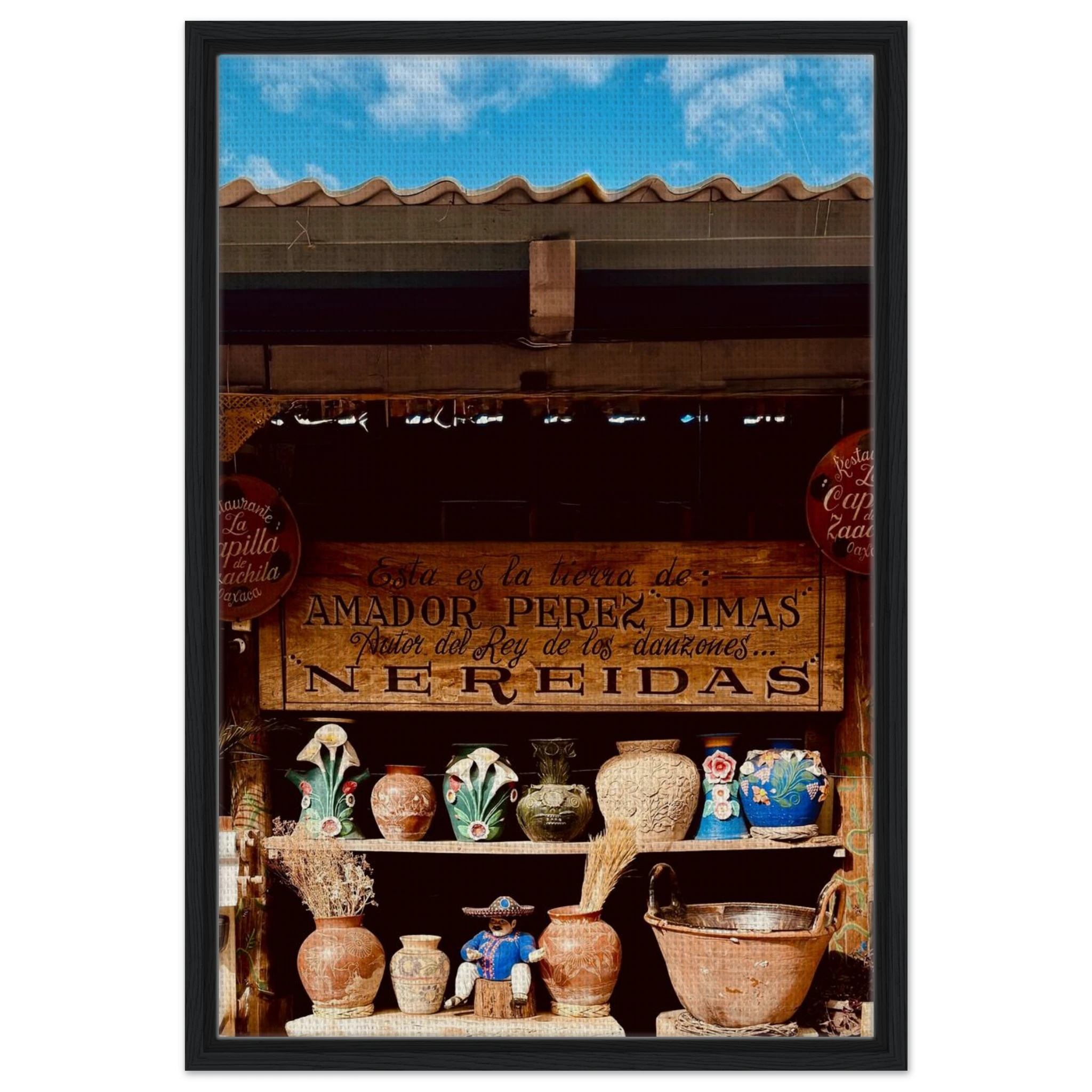 Framed canvas print of Oaxaca street fair scene from CaliCuration's Mexico Travel Collection, showcasing vibrant Mexican street life.