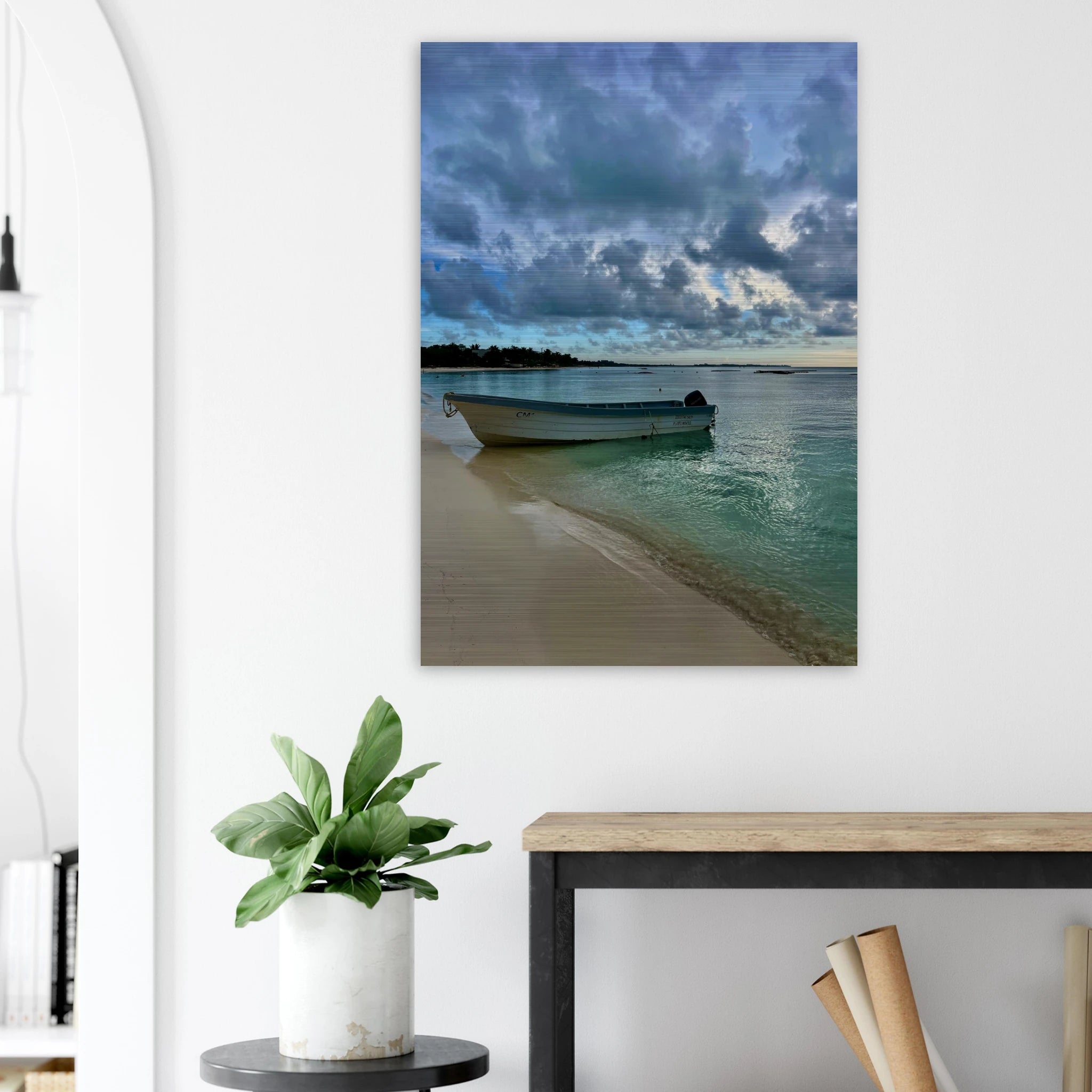 Idyllic Tulum Fisherboat brushed aluminum print featuring calm Caribbean beach scene from CaliCuration's travel collection.