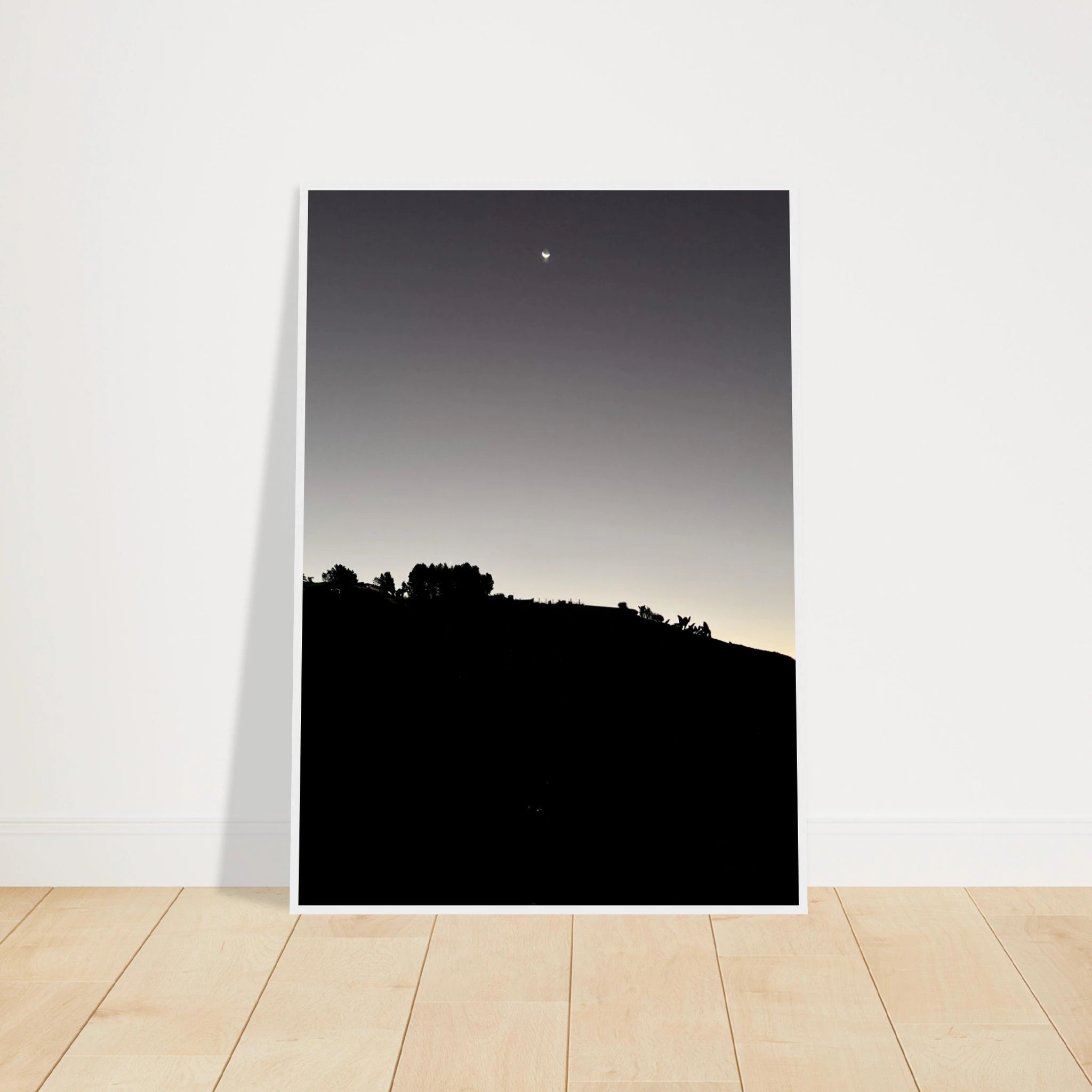Black and white wooden framed poster of the Fall New Moon Hollywood Hills California scene, semi-glossy print art.