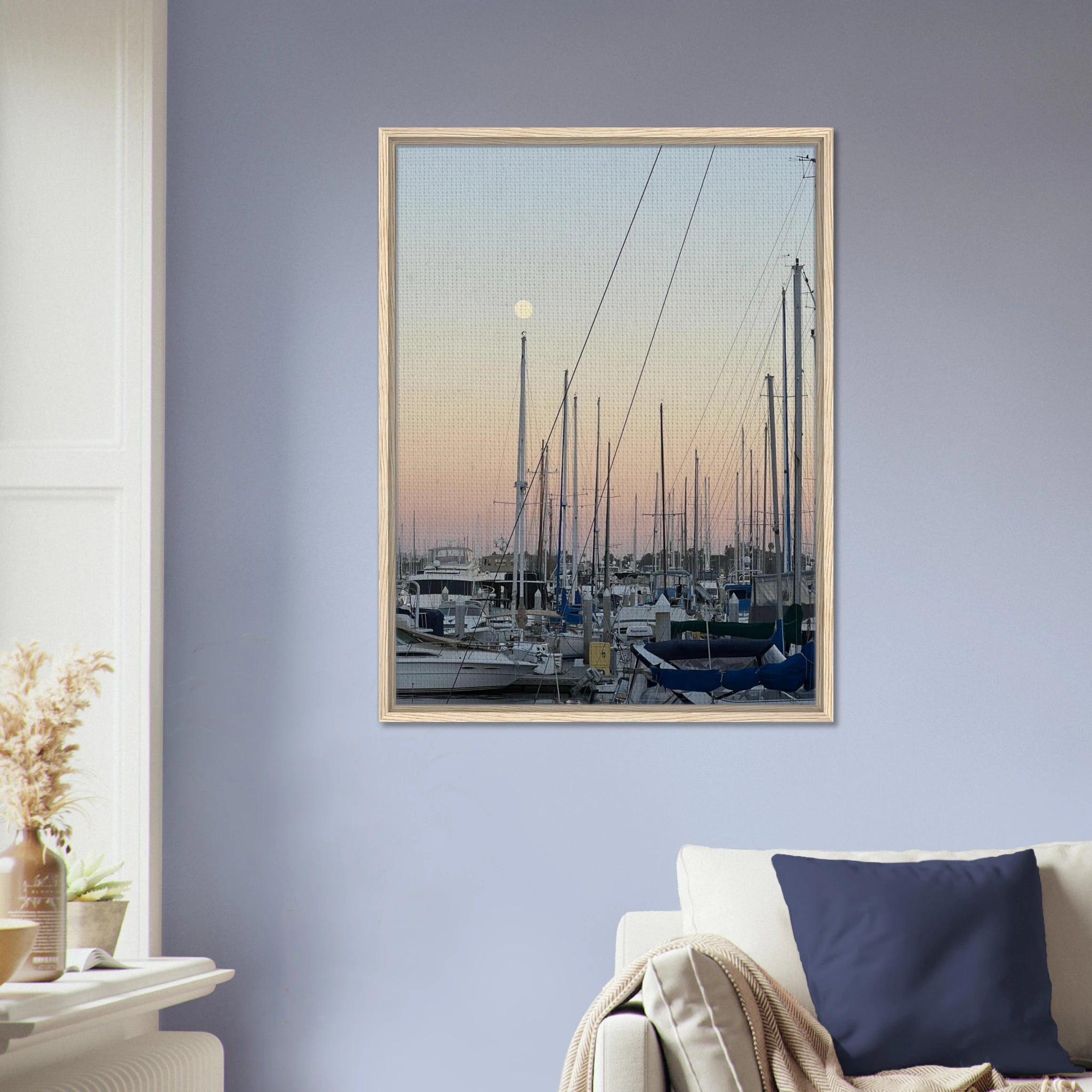 Framed canvas art print of a summer evening marina scene in Marina Del Rey, California, with nautical and chic tones.