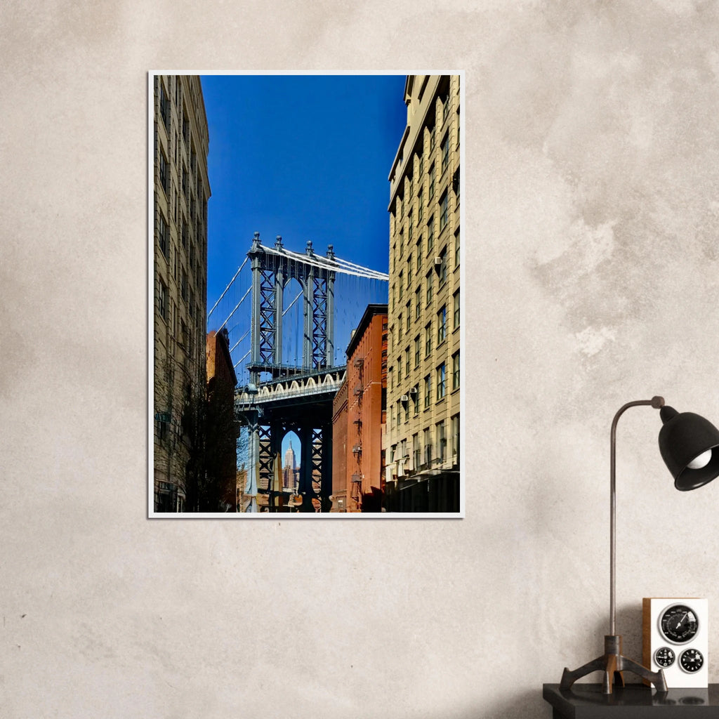 Wooden framed print of NYC Dumbo skyline with spring day decor, part of CaliCuration's travel collection wall art.