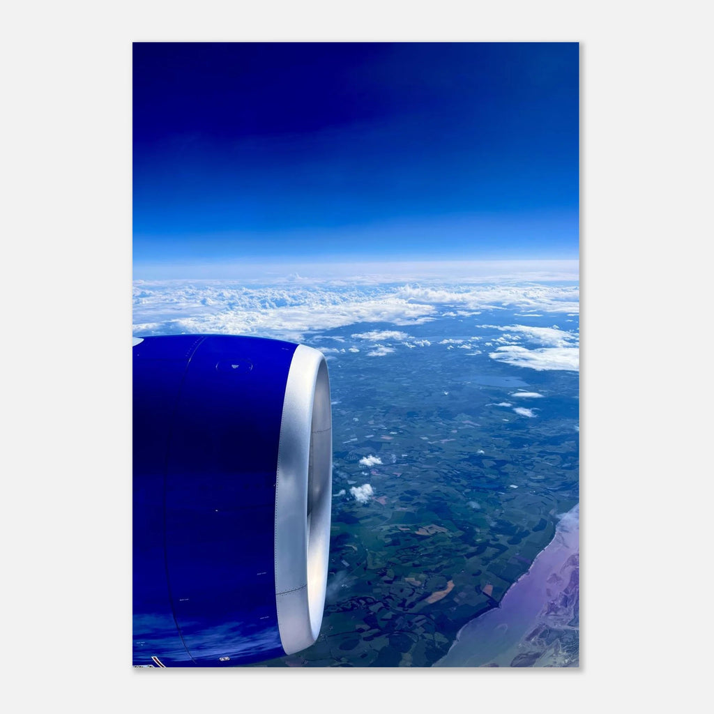 Aluminum print of an airplane turbine with a cross-Atlantic view, part of the travel collection, by My Store.