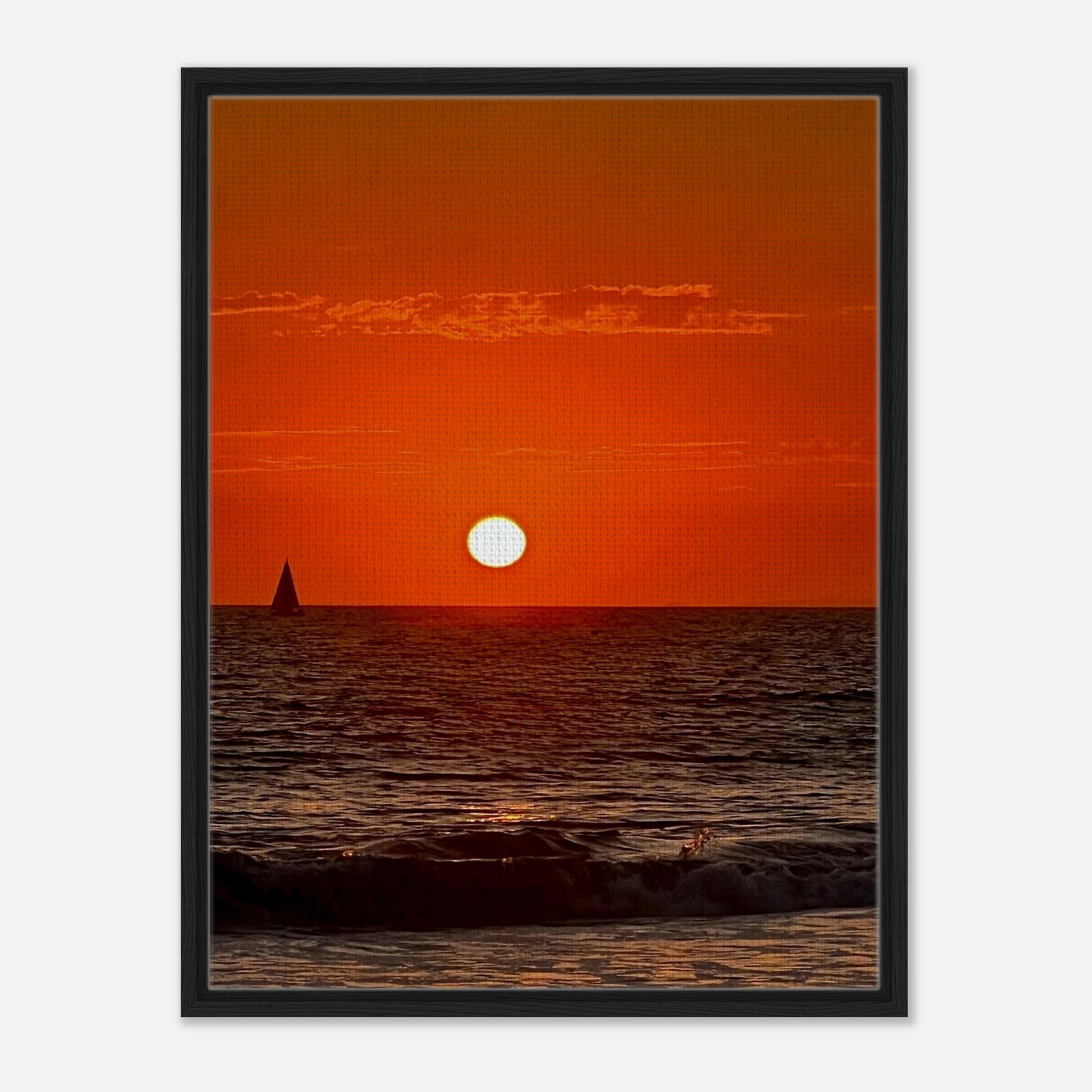 Framed canvas print of California Red Sunset Series 1/3 by CaliCuration, featuring vibrant red hues in a captivating sunset scene.