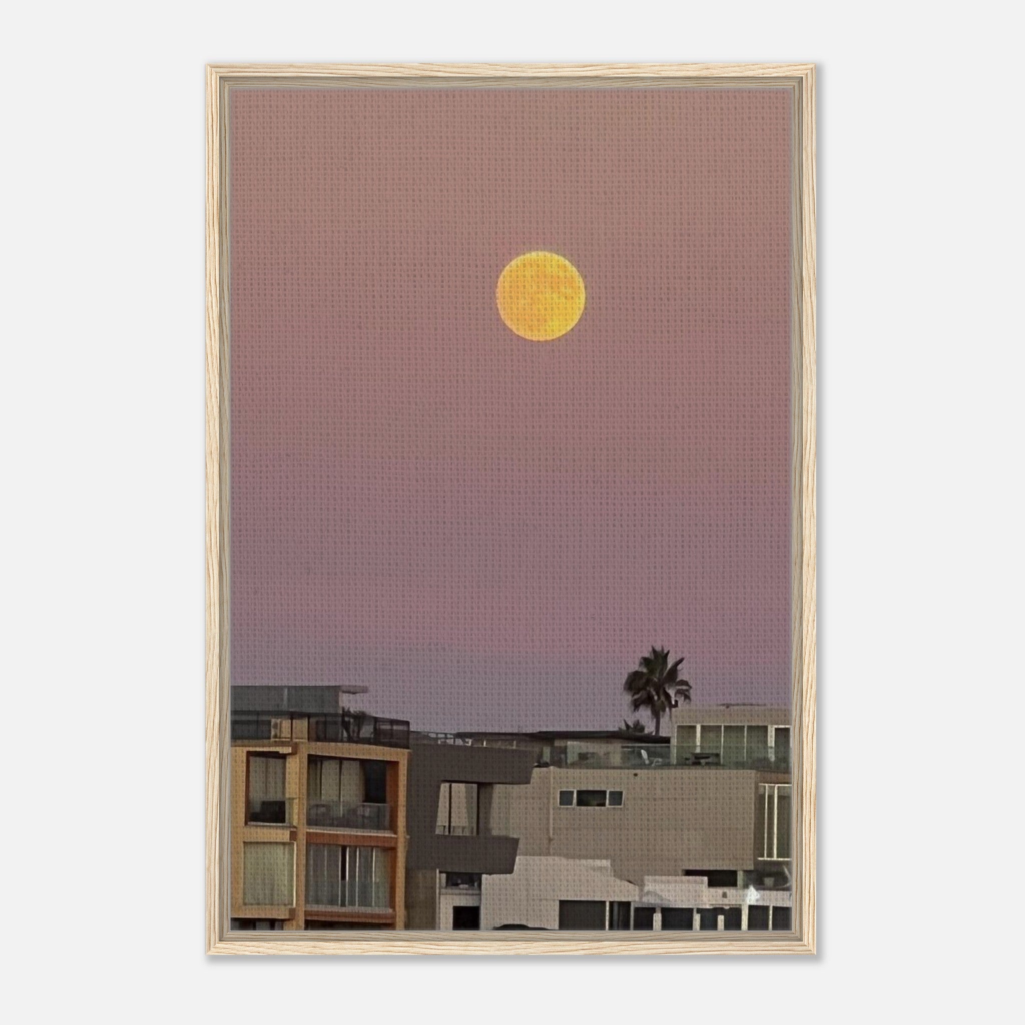 Beach moody wall art print featuring a harvest moon, framed canvas wall hanging, California Canvas studio edition by My Store.