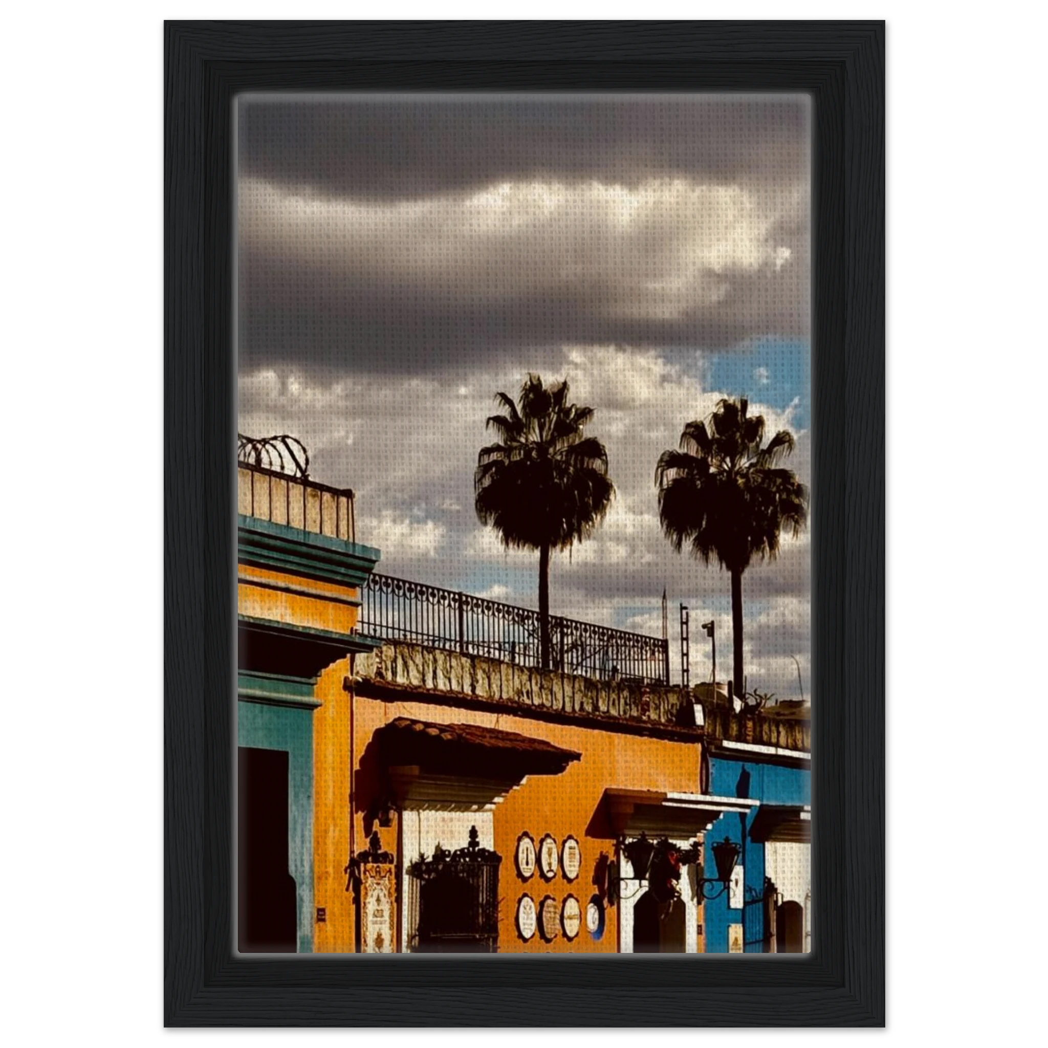 Framed canvas print of two palm trees in Oaxaca, Mexico, from CaliCuration’s travel collection, spring 2026, featuring vibrant tropical scenery.