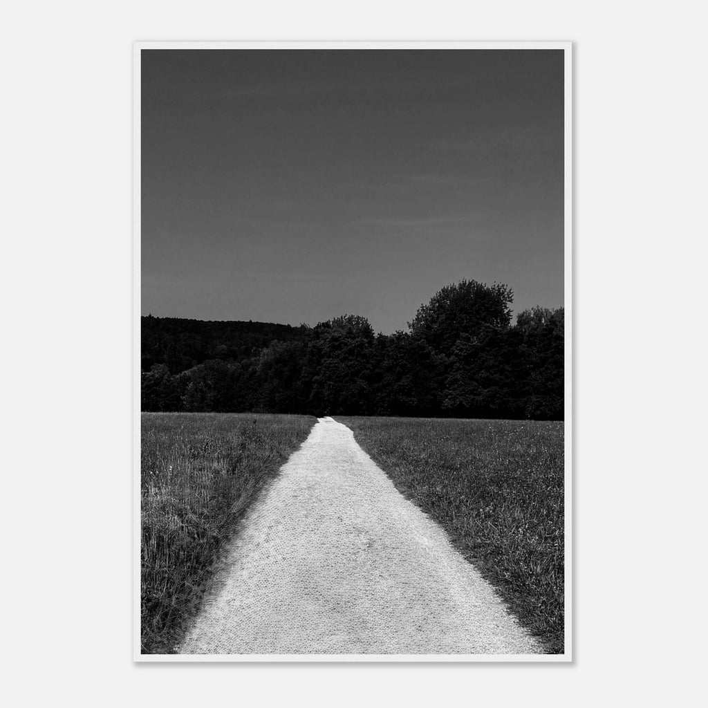 Black and white framed poster of a summer road scene from the Travel Collection, printed on semi-glossy paper with a wooden frame.