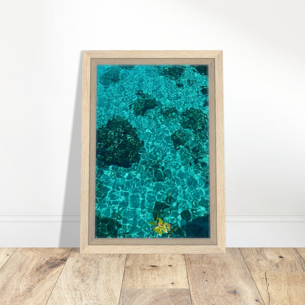 Vibrant tropical summer coastal art print in a natural framed canvas, featuring colorful travel-inspired artwork.