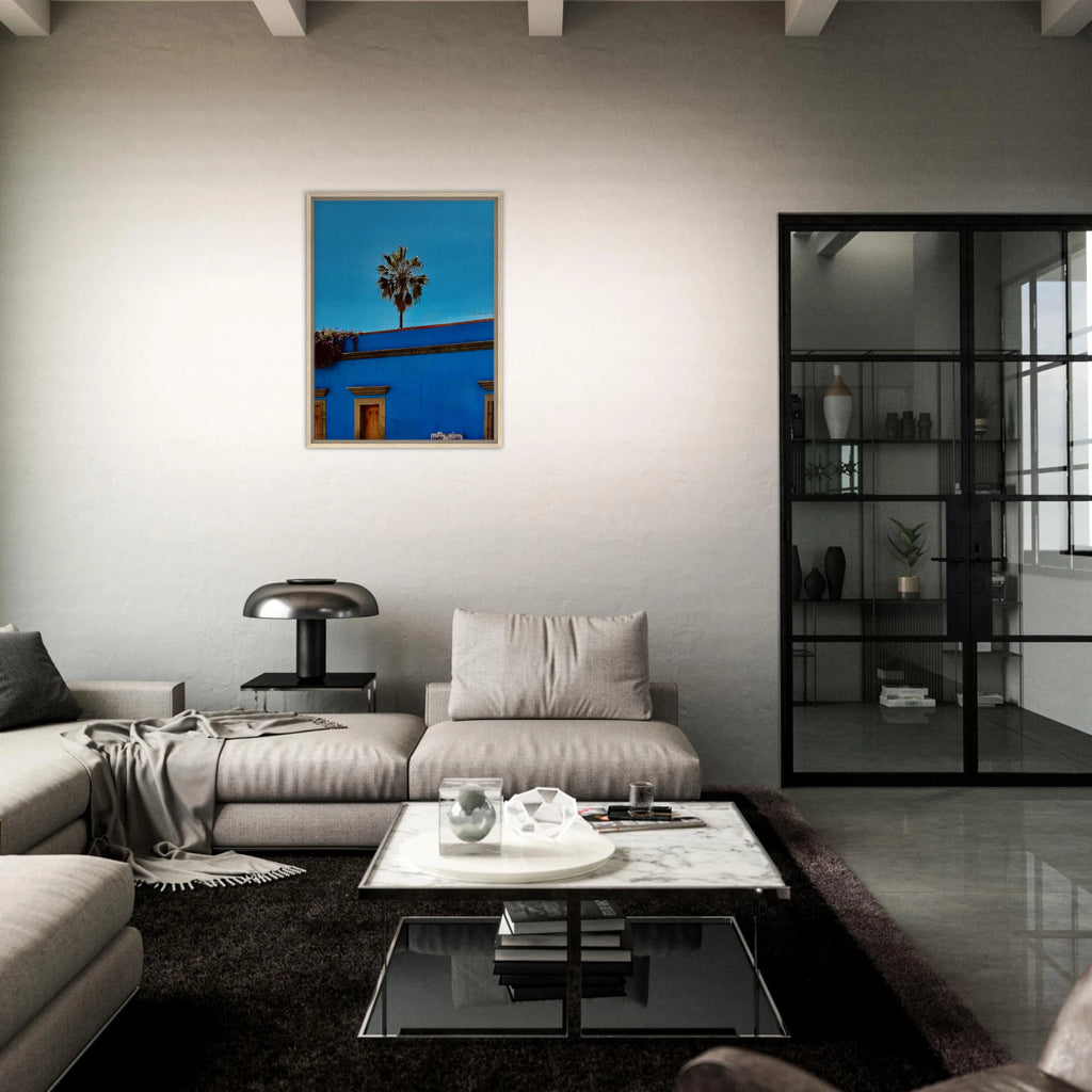 Oaxaca streets with palm trees in blue framed canvas artwork by CaliCuration, part of the Mexico travel collection, Studio Edition Spring 2026
