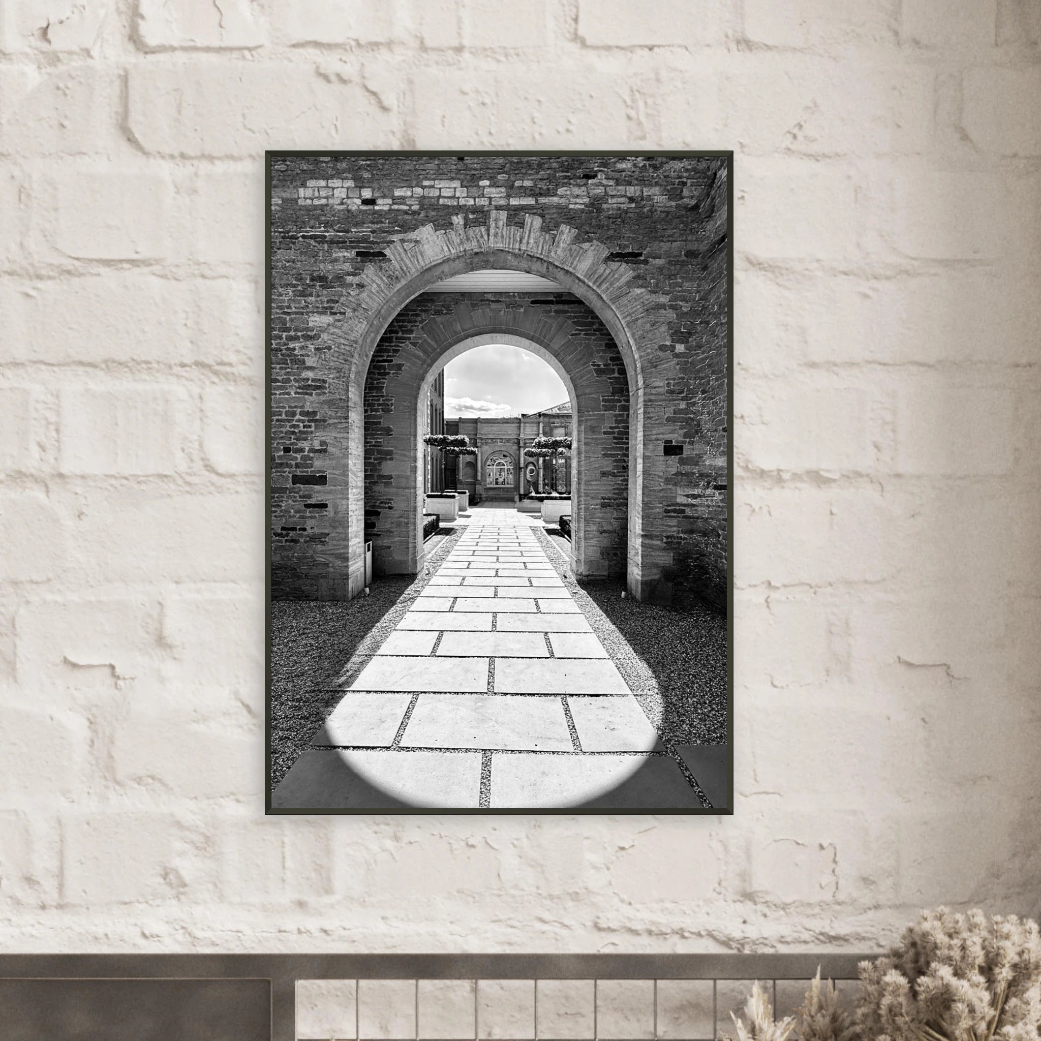 Black and white aluminum framed poster of summer light and shadows from the Cotswolds Estate travel collection, Studio Edition print.