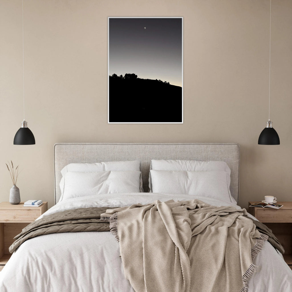 Black and white semi-glossy poster print of Hollywood Hills with a new moon, framed in wood, from the Fall California series.