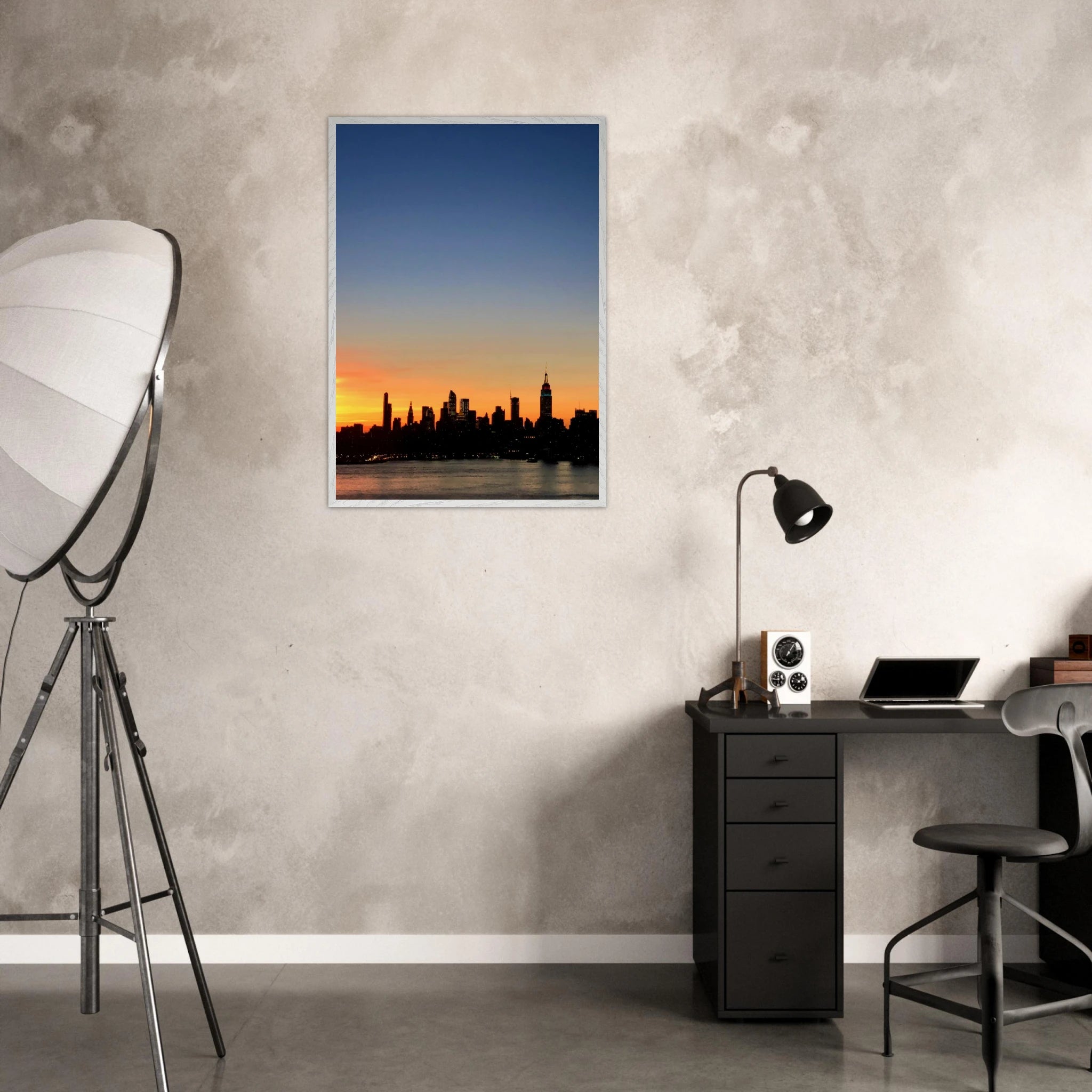 Premium wooden framed poster of Manhattan skyline sunset print, featuring majestic cityscape wall art for home décor.