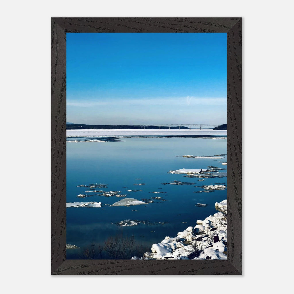 Wooden framed Hudson Valley winter poster print with snowy landscape, part of the Studio Edition Holiday 25 Travel Collection.