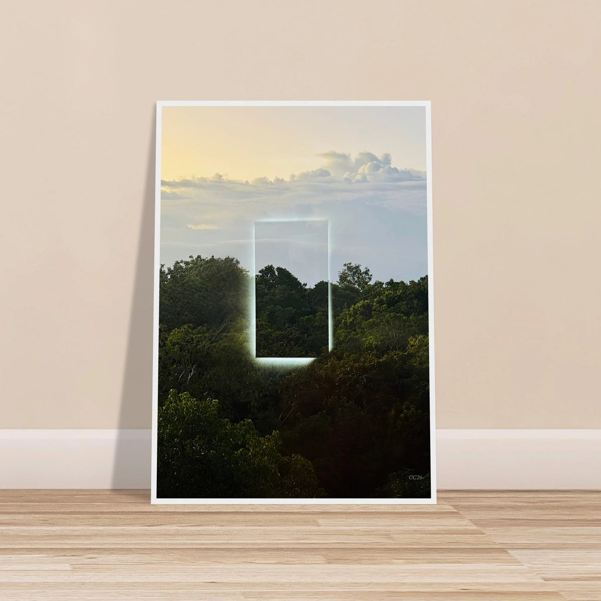 Color print of "A Window into Jungle Stillness" by CaliCuration, showcasing lush jungle scenery in a detailed artistic design.