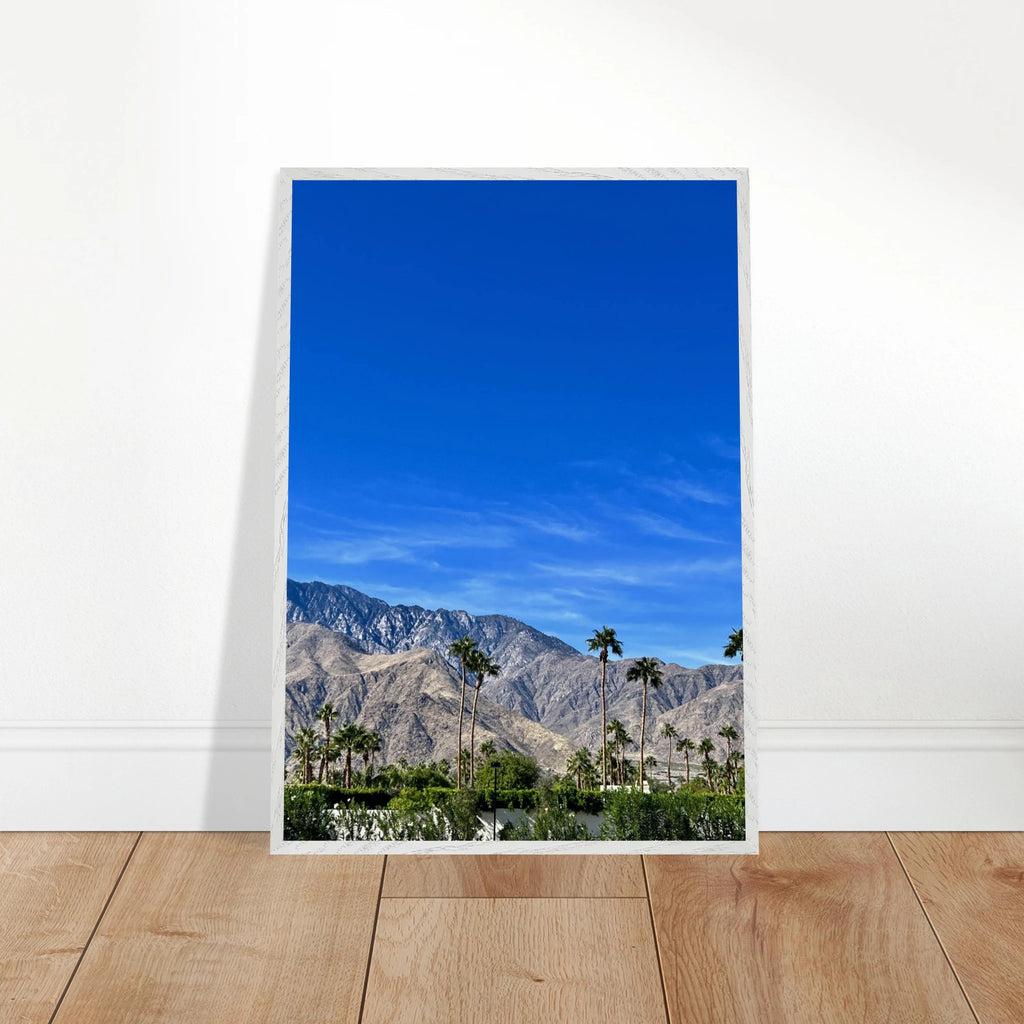 Premium wooden framed poster of a sunny fall day in Palm Springs California, featuring vibrant autumn colors and scenic landscape art.