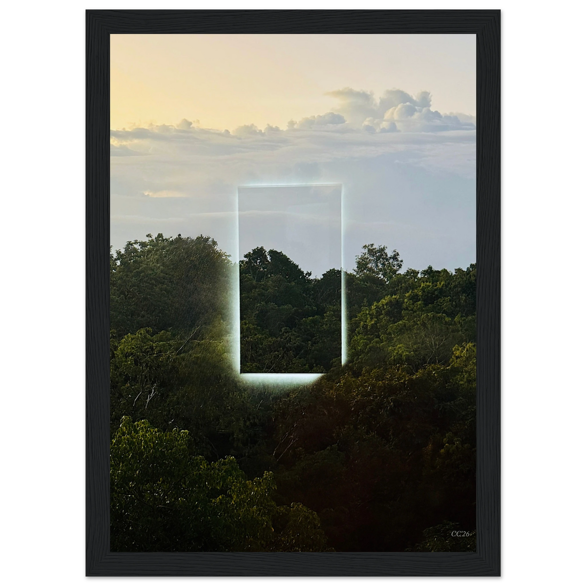 Color print titled "A Window into Jungle Stillness" by CaliCuration, showcasing a serene jungle scene in vibrant colors.