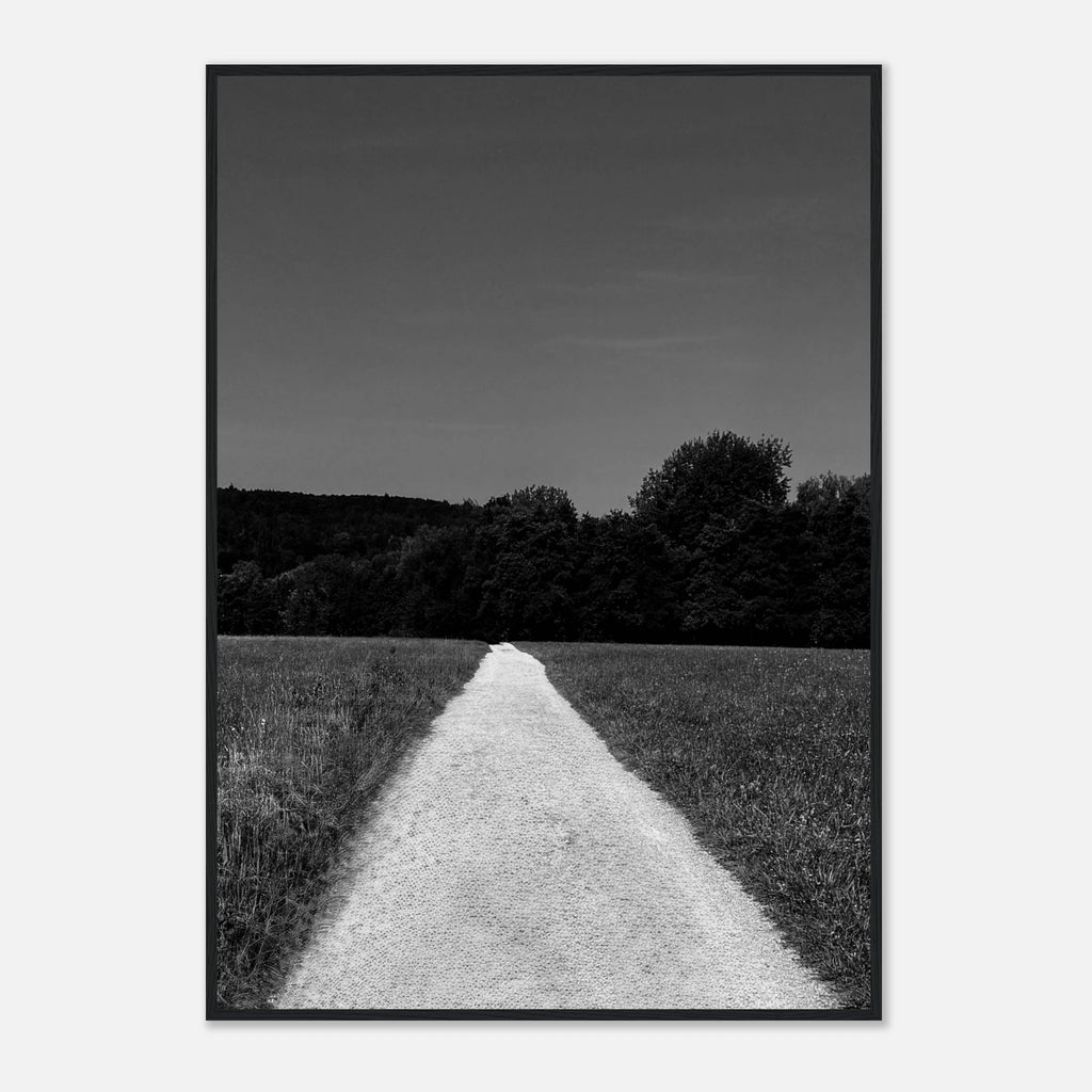 Black and white framed poster of a summer road scene from the Travel Collection, printed on semi-glossy paper, Studio Edition.