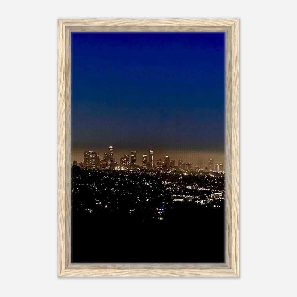 Premium wooden framed canvas print of Los Angeles Downtown Nightglow, elegant California wall art, Studio Edition holiday artwork.