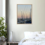 Framed canvas print of a summer evening marina scene in California, featuring nautical themes and chic tones, by California Canvas Studio Edition.