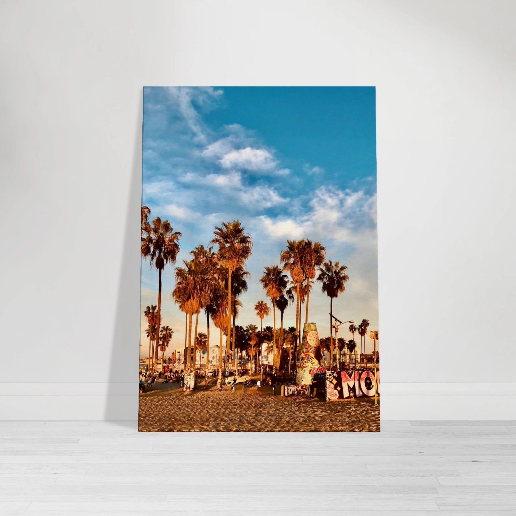 SoCal Beach canvas print featuring edgy palm trees and graffiti design, California-themed artwork on high-quality print material.