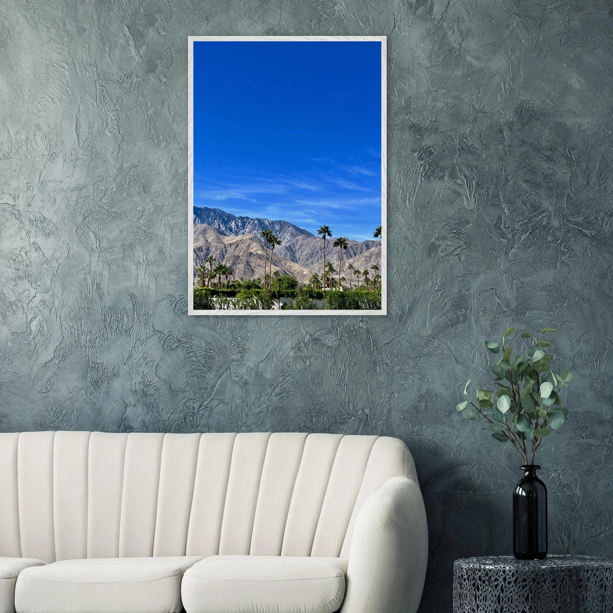Premium wooden framed poster of a sunny fall day in Palm Springs, California, showcasing vibrant autumn landscape art by Studio Edition.