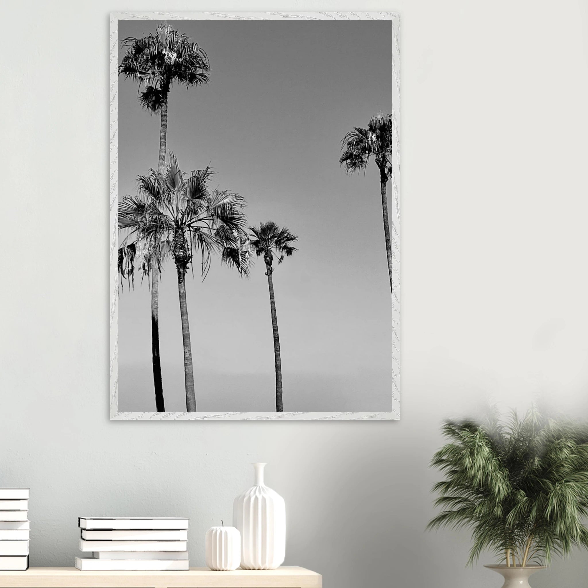 Premium wooden framed black and white California beach icons poster art in semi-glossy finish, Studio Edition.