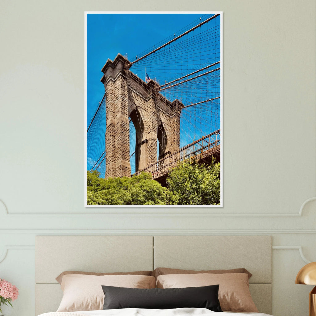 Framed NYC Brooklyn Bridge poster featuring a Dumbo view, showcasing iconic New York City skyline and bridge details.