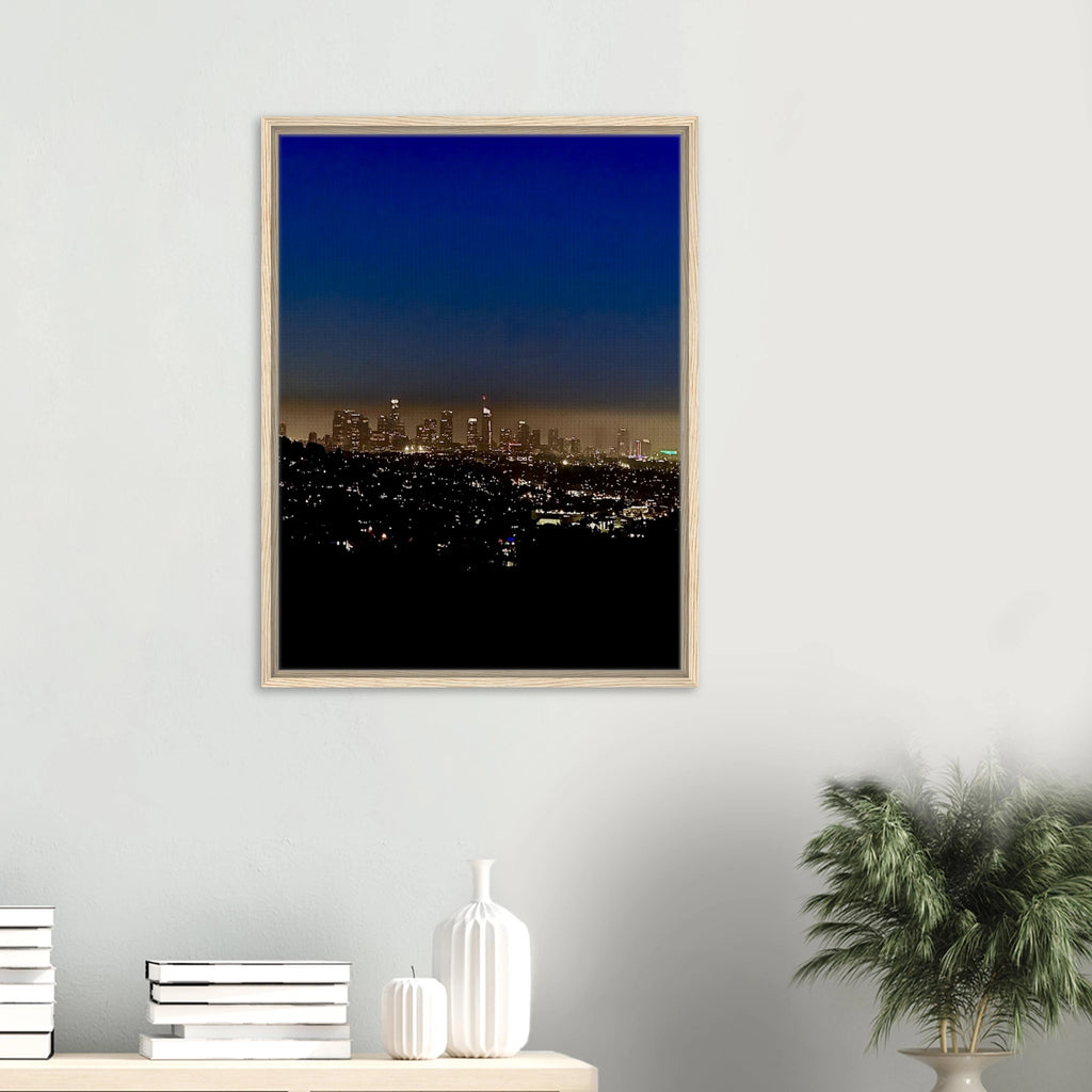Premium wooden framed canvas print of Los Angeles Downtown Nightglow, elegant California wall art by Studio Edition.