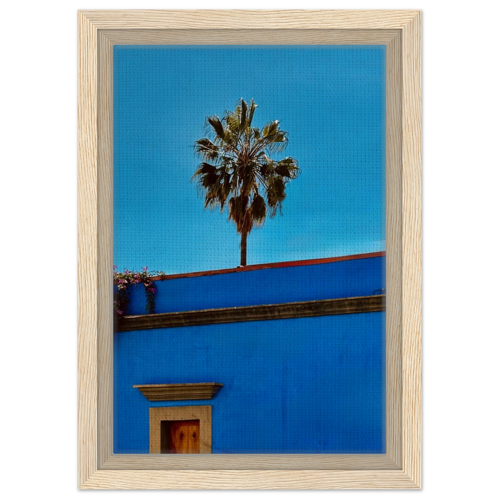 Mexico Oaxaca streets print by CaliCuration featuring palm trees on blue framed canvas artwork from the Spring 26 travel collection.