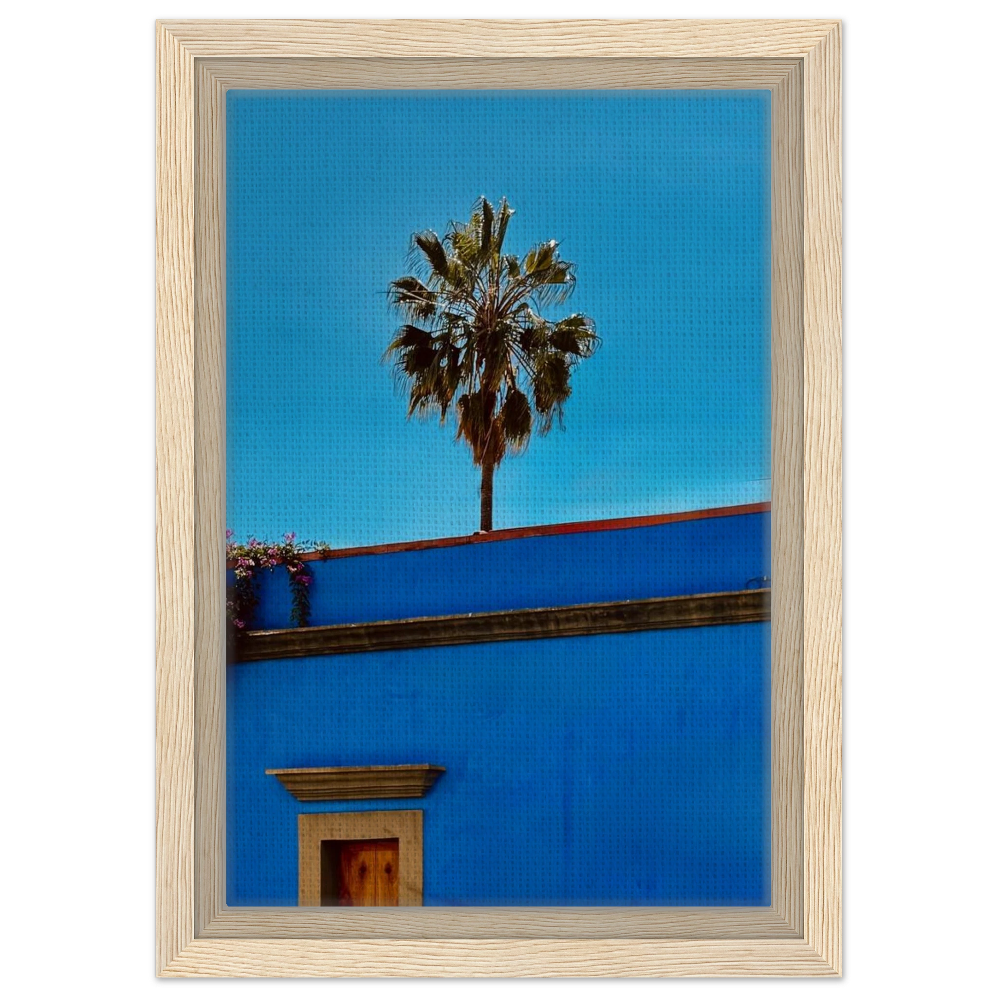Oaxaca streets print by CaliCuration showing palm trees in vibrant colors on blue canvas, part of the Mexico travel collection.