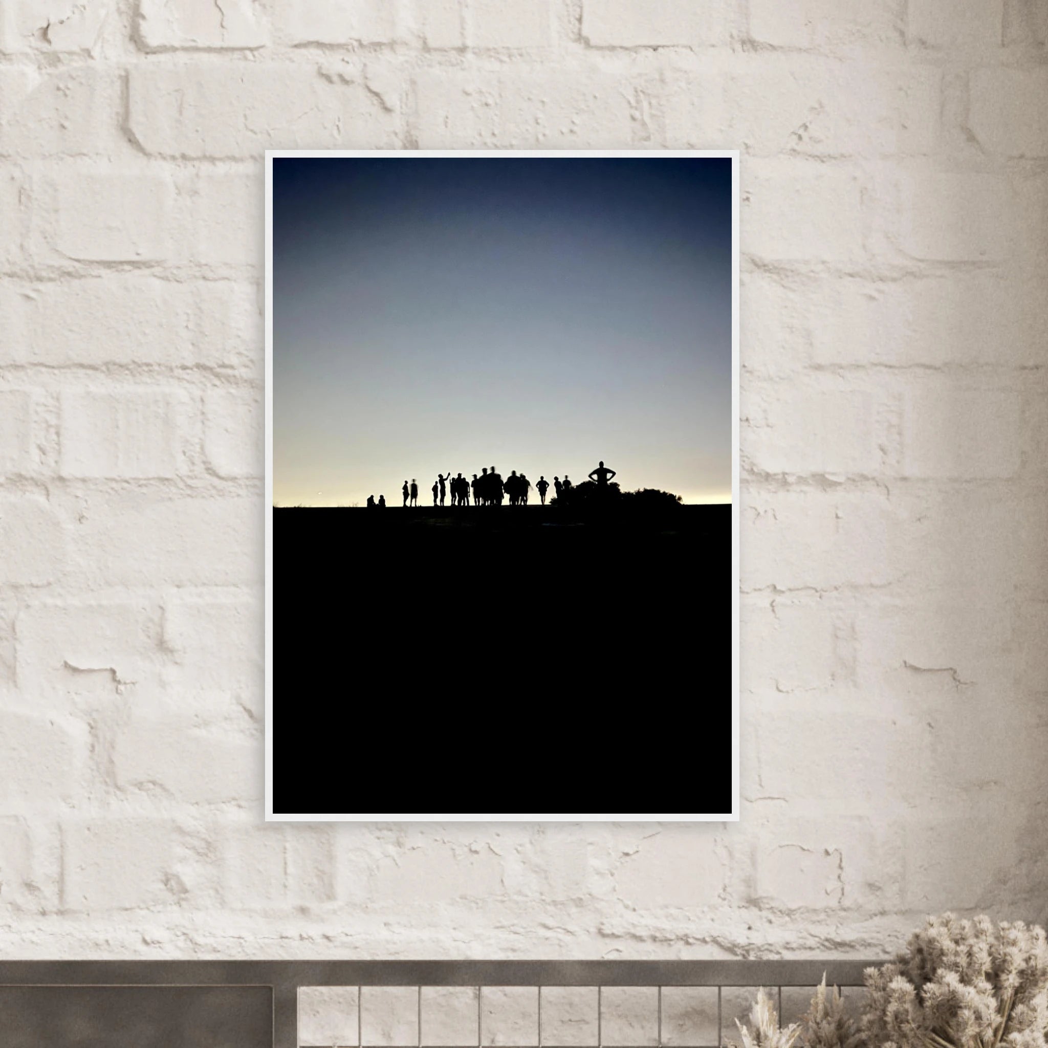 Black and white framed poster of Hollywood Hills with city lights, part of the Summer Hike California art series.