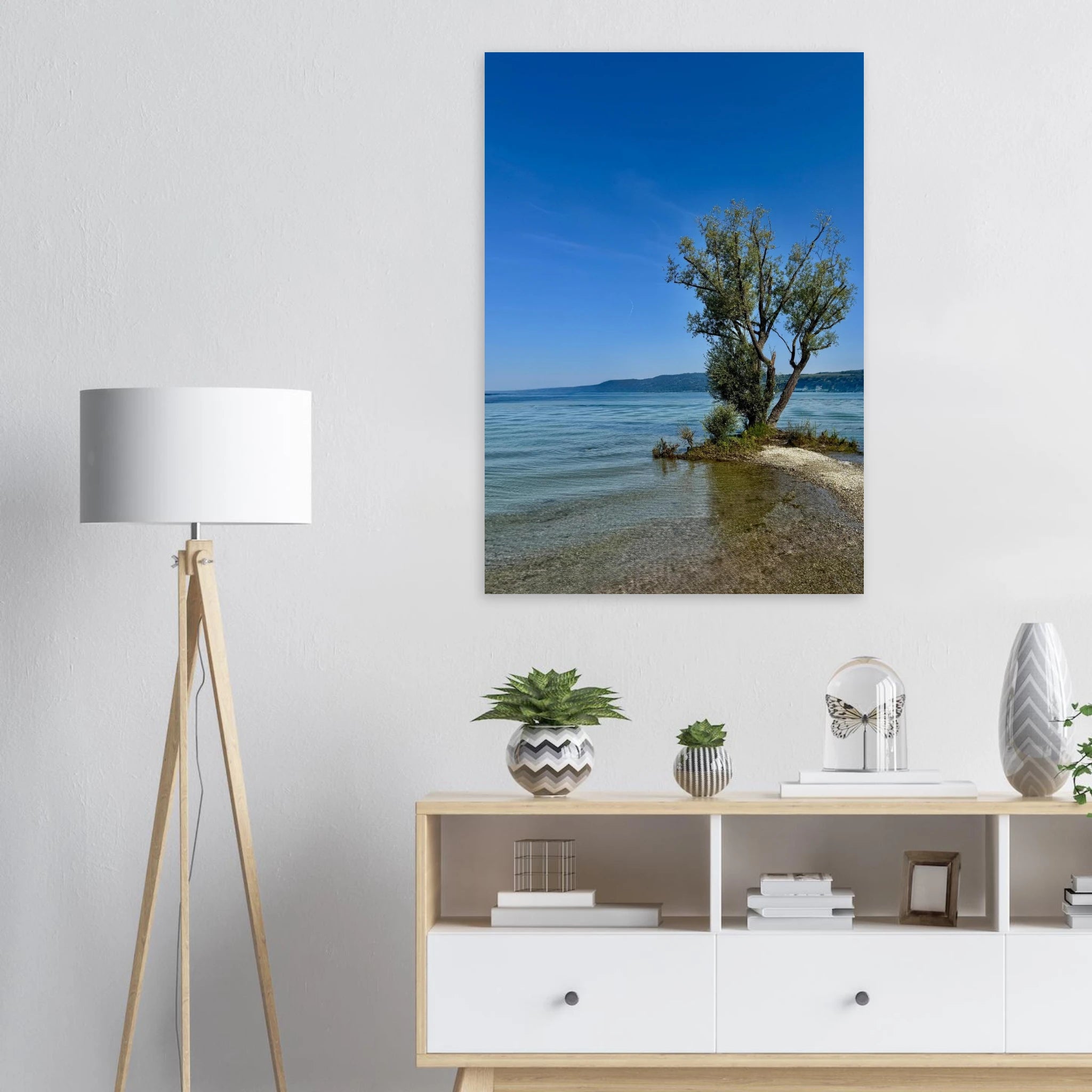 Aluminum print of a majestic tree on a European lake, nature-inspired wall art from the Travel Collection by My Store.