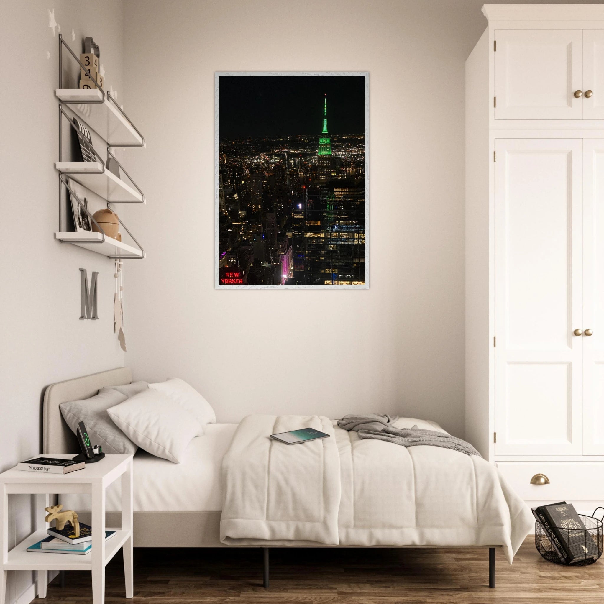 Wood-mounted framed poster of NYC downtown night view featuring the Empire State Building from the Travel Collection by My Store.