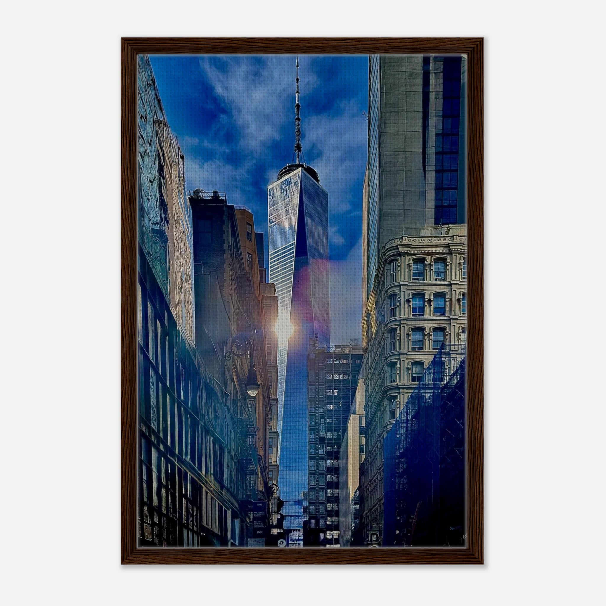 Framed canvas print of NYC skyline reflecting sunlight at One World Trade, part of Travel Collection Studio Edition artwork.
