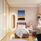 Wooden framed poster of Manhattan skyline at sunset, featuring vibrant cityscape and warm colors, perfect for home decor.