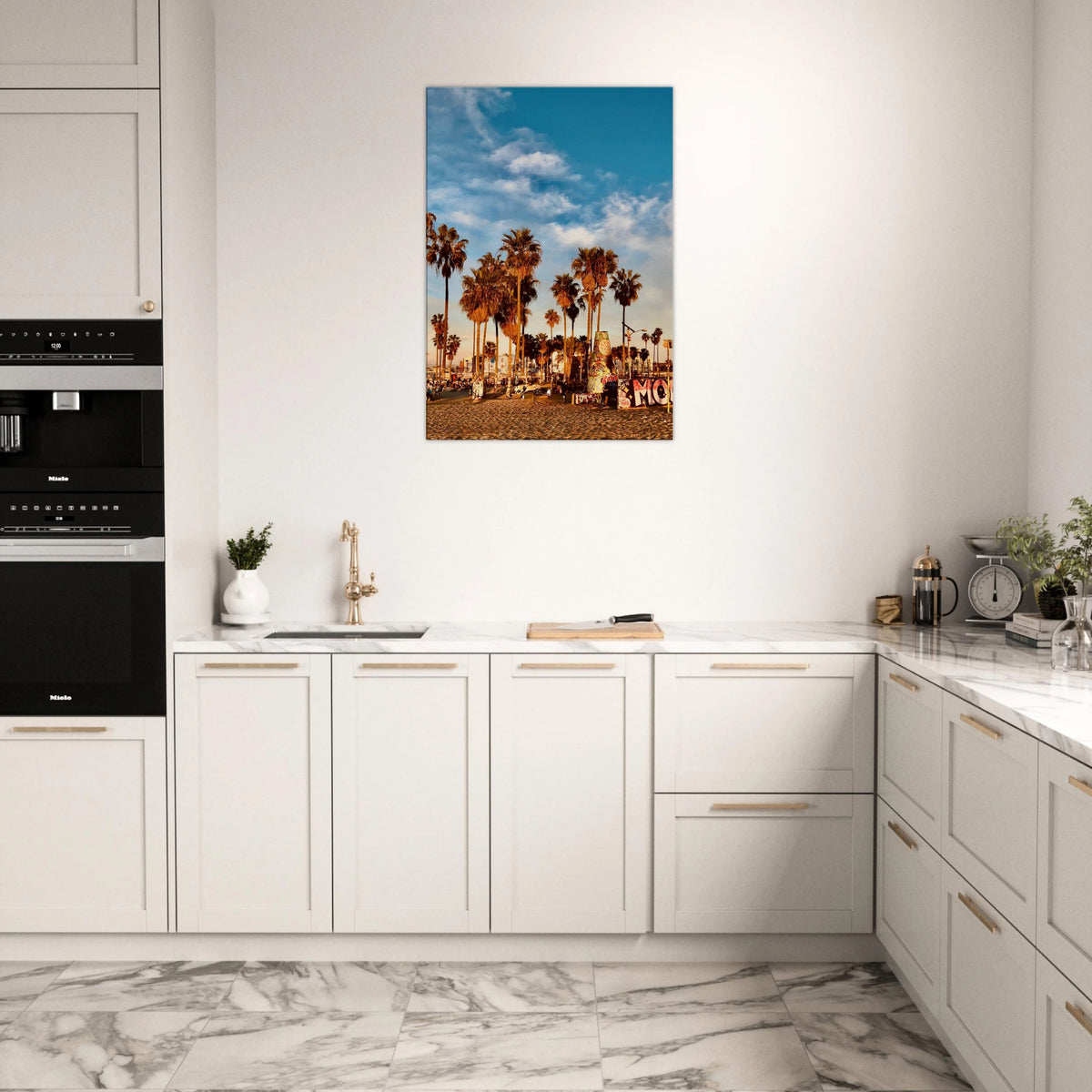 SoCal Beach canvas print featuring palm trees and graffiti-style California wall art on high-quality print material.