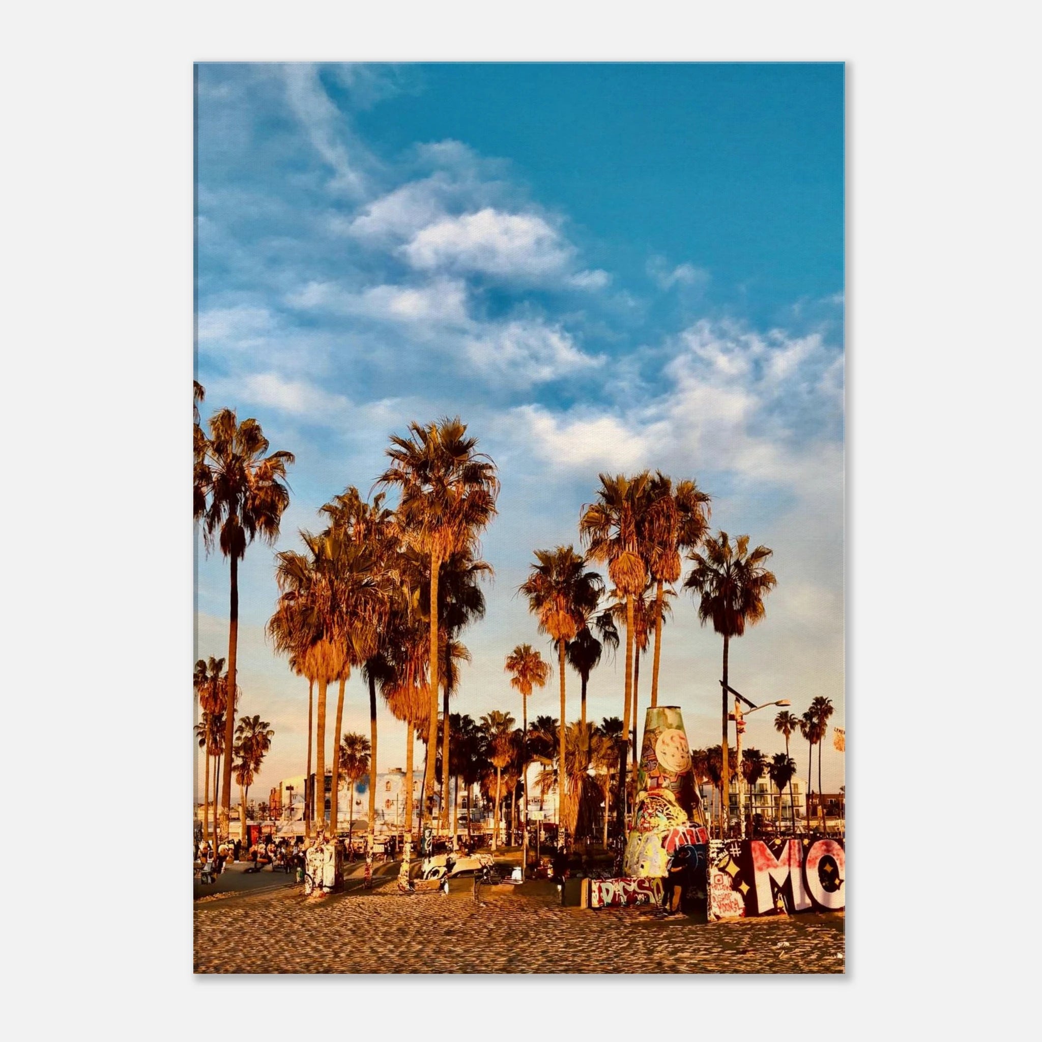 SoCal Beach Canvas Print featuring edgy palm trees and graffiti design, California-themed studio edition artwork.