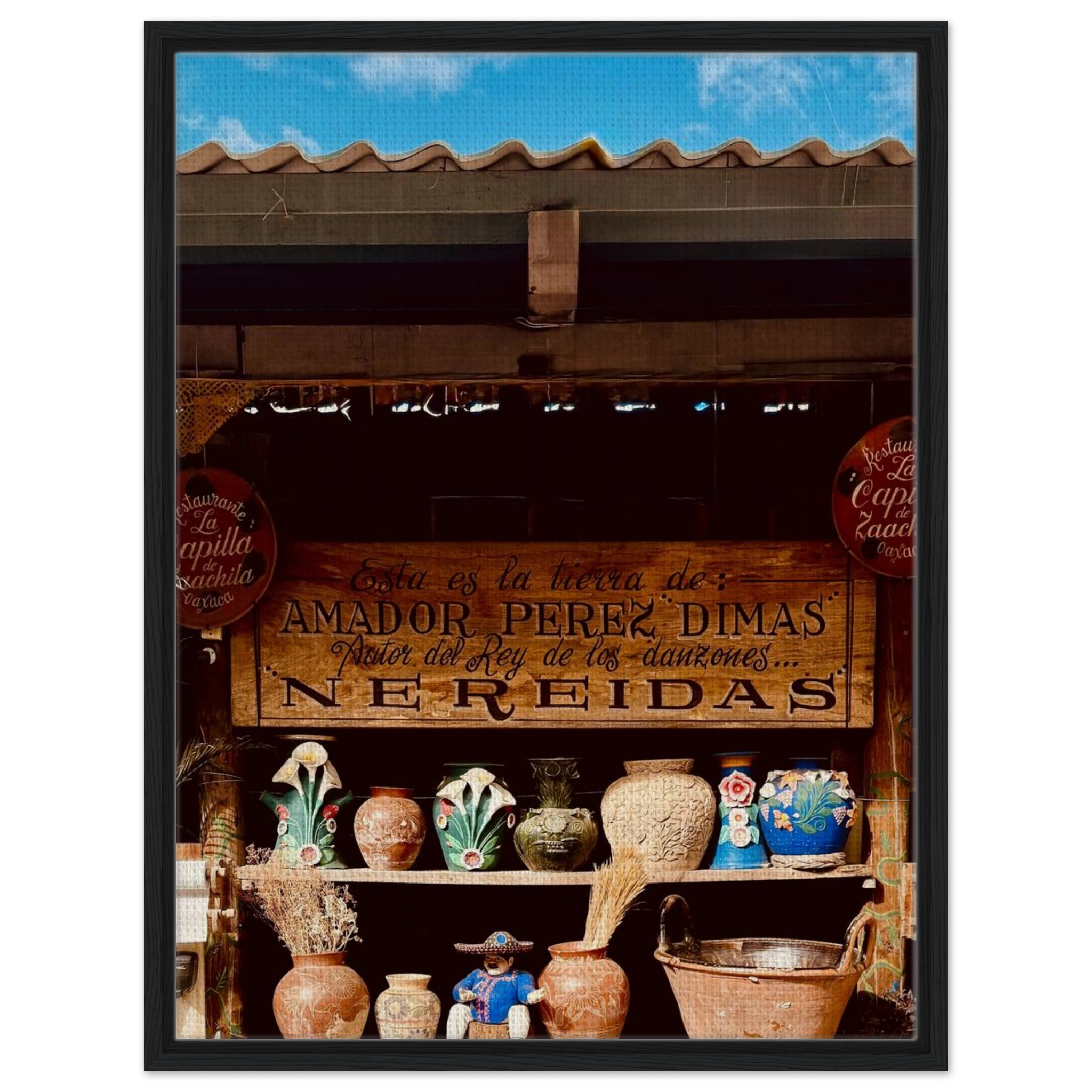 Framed canvas print of Oaxaca street fair scene from CaliCuration's Mexico travel collection, Spring 2026 edition.
