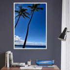 Framed Hawaii travel poster featuring iconic palm tree twins and Pacific waves, styled as a travel collection print by CaliCuration