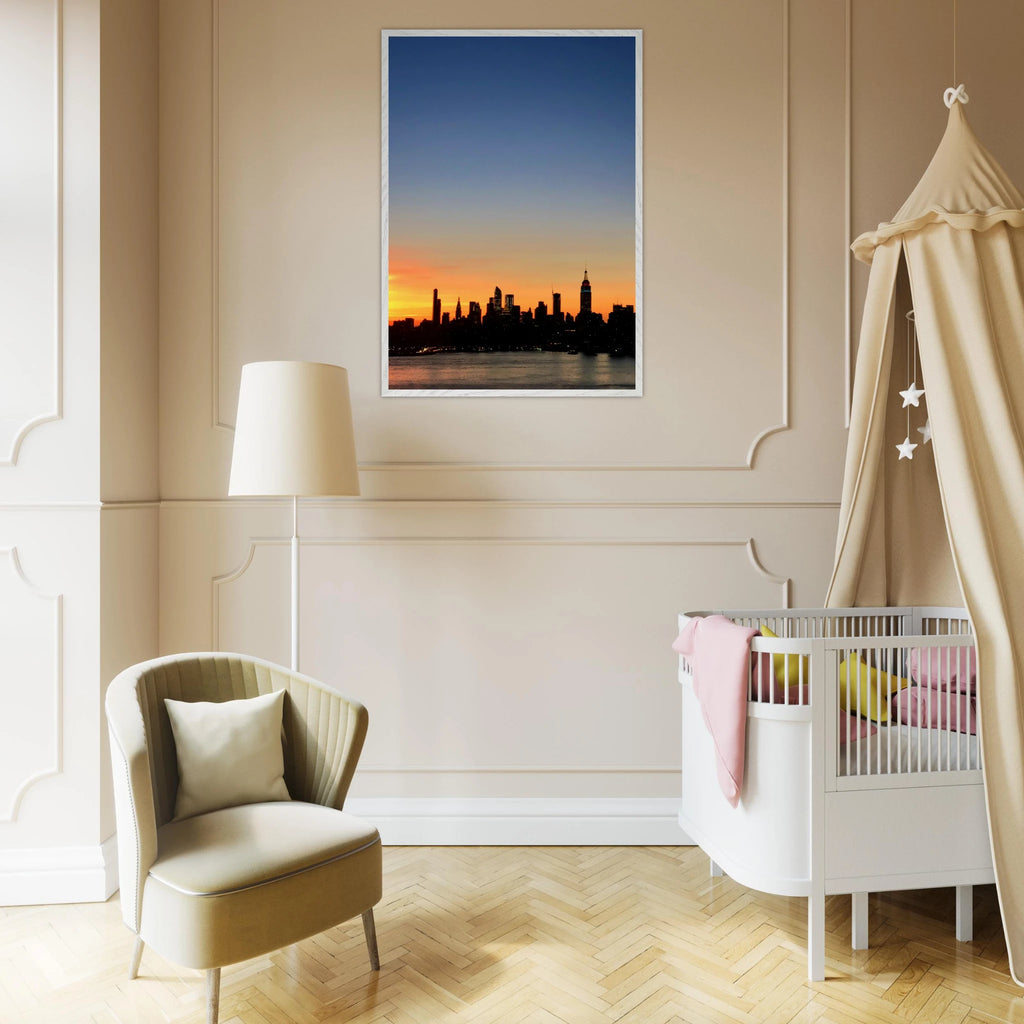 Framed Manhattan Skyline Sunset poster featuring NYC cityscape wall art, printed on high-quality material with vibrant colors.