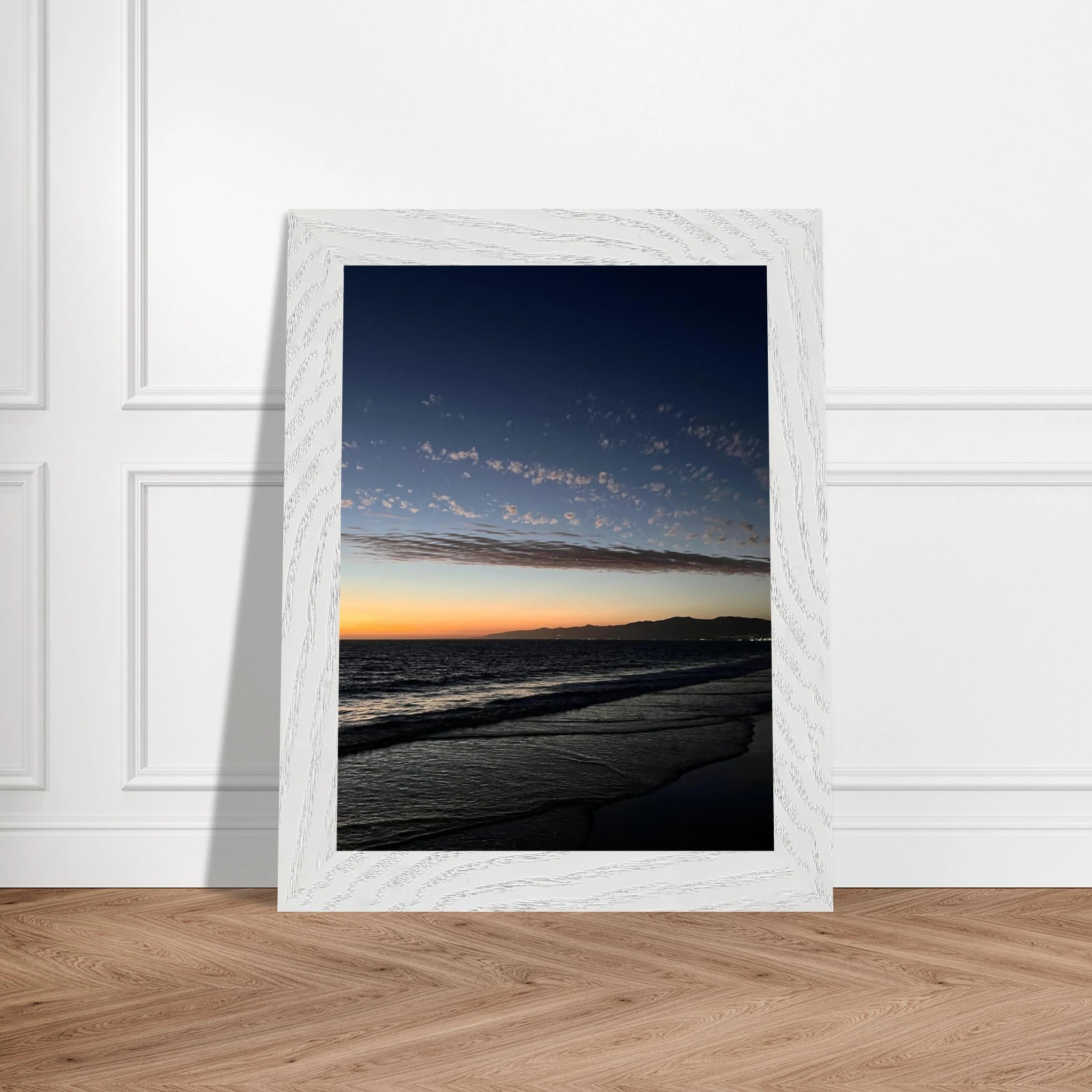Premium wooden framed SoCal fall sunset poster with vibrant California artwork, mounted in semi-gloss finish for home decor.