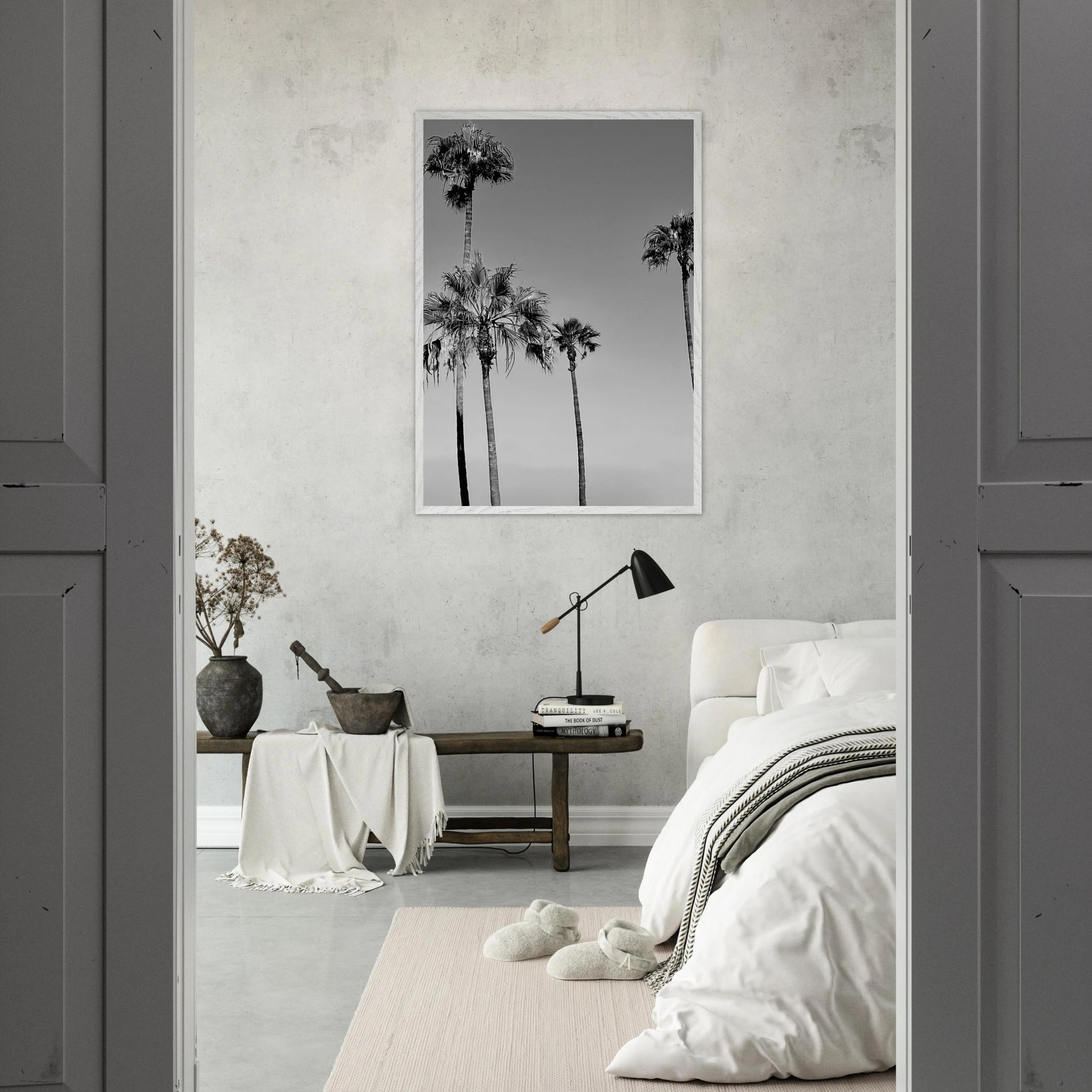 Premium wooden framed poster featuring black and white SoCal beach icons in a semi-gloss finish.