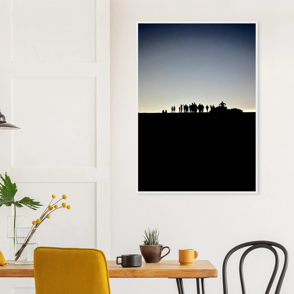 Black and white framed print of Hollywood Hills at sunset, featuring mystical city lights in California, from the Summer Hike series.