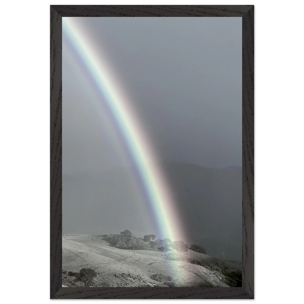 Black and white framed poster of a post-summer storm rainbow from the California Central Coast travel collection, spring 2026 print.
