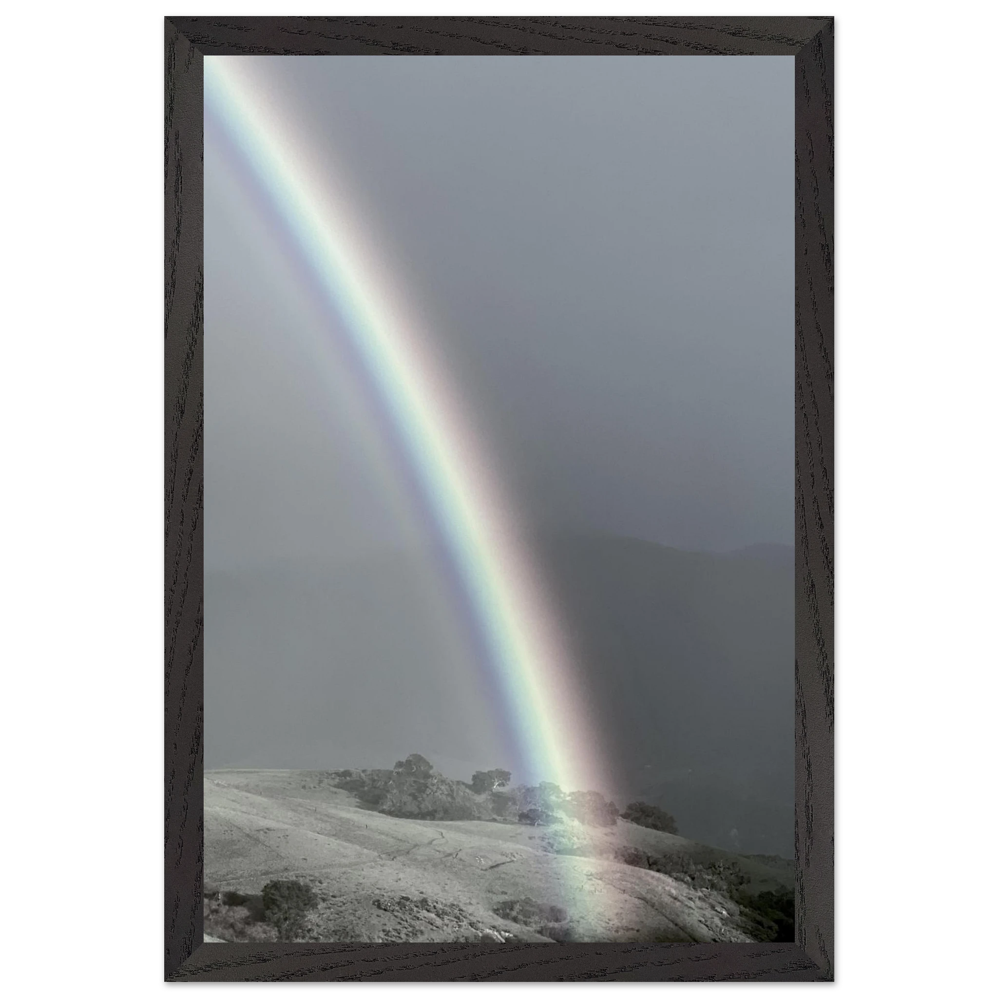 Black and white framed poster of a post-summer storm rainbow from the California Central Coast travel collection, spring 2026 print.