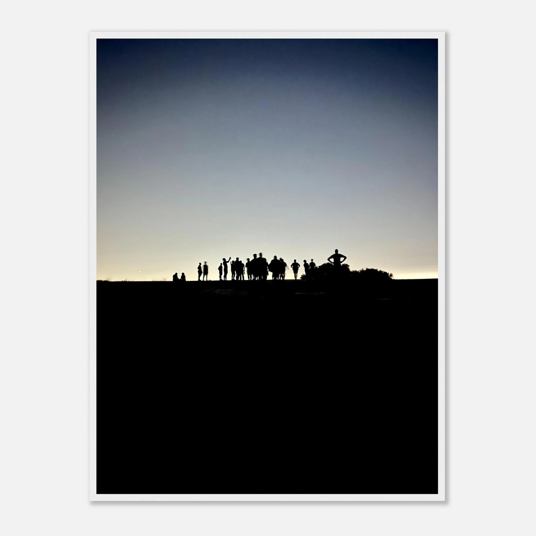 Black and white framed print of Hollywood Hills city lights poster, featuring mystical California scenery, from the Summer Hike series.