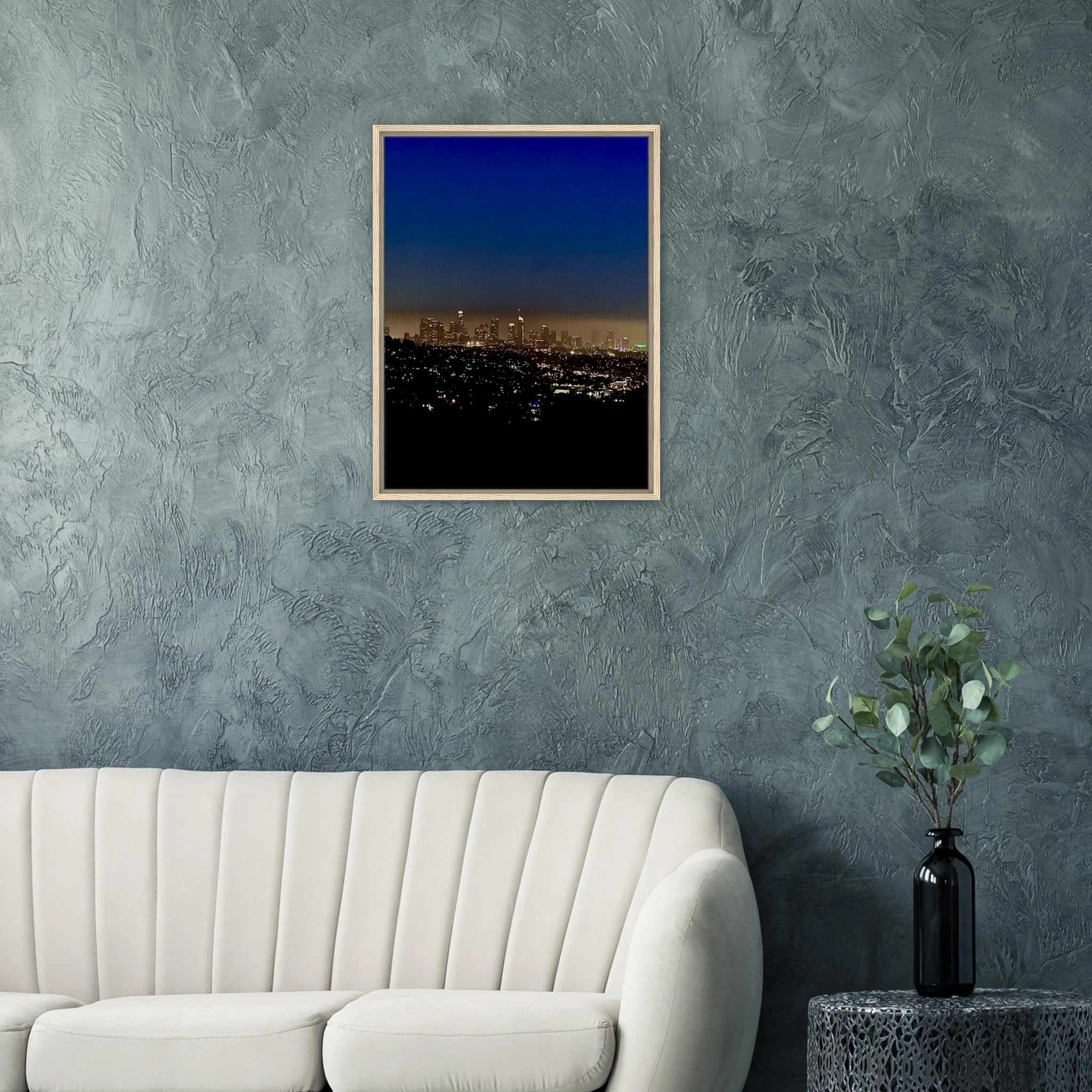 Premium wooden framed canvas print of Los Angeles Downtown Nightglow, elegant California cityscape wall art, Studio Edition holiday decor