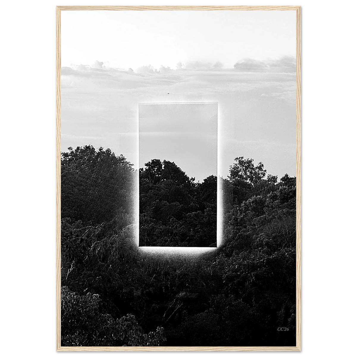 Black and white print titled "A Window into Jungle Stillness" by CaliCuration, showcasing a serene jungle scene in a limited edition of 5.