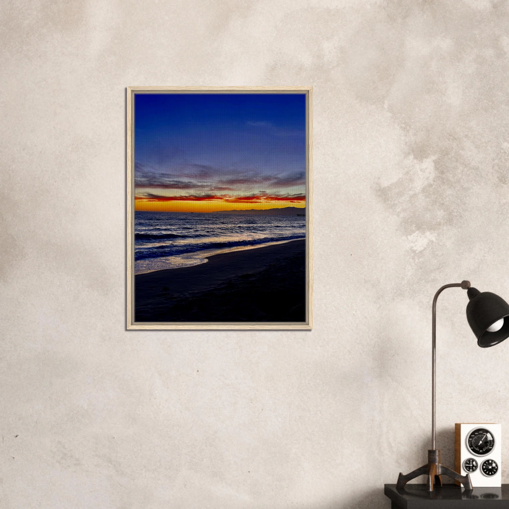 California SUNSET WALL Art print by CaliCuration showing Venice Beach scene on wooden framed canvas, spring 2026 edition.