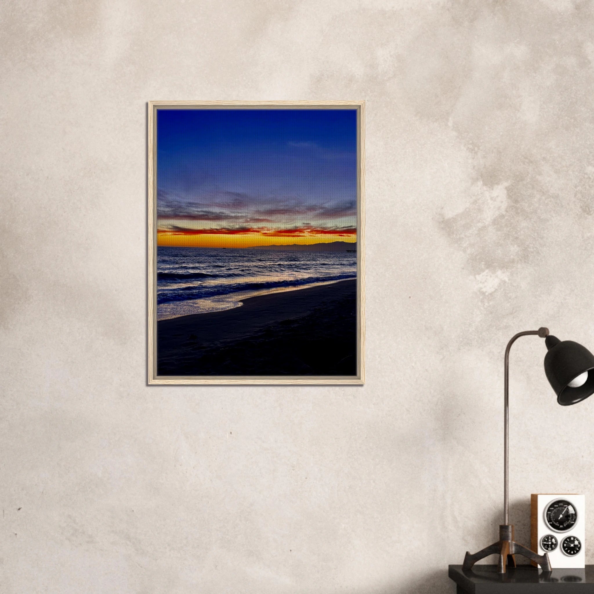 California SUNSET WALL Art print by CaliCuration showing Venice Beach scene on wooden framed canvas, spring 2026 edition.